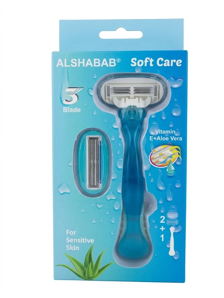 خودتراش ۳ تیغه الشباب مدل Soft Care رنگ آبی مخصوص پوست حساس به همراه سری یدک